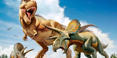 Tyrannosaurus Rex fighting with two Triceratops.