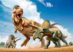 Tyrannosaurus Rex fighting with two Triceratops.