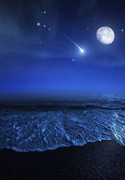 Starry sky, moon and falling meteorite.